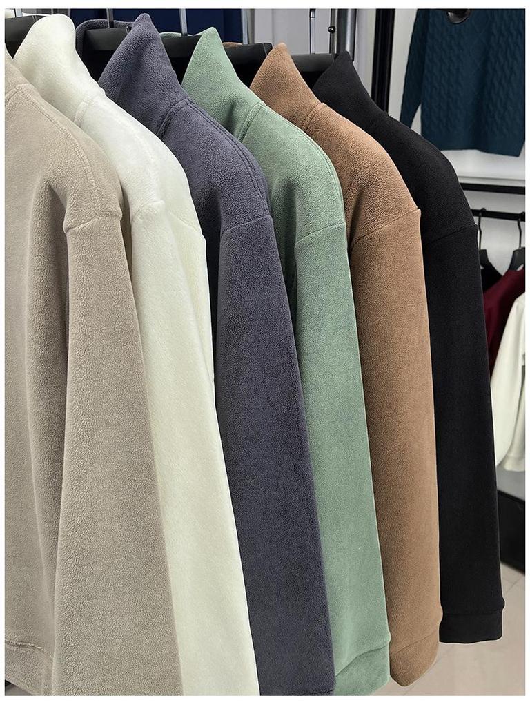 Men's Thick Coral Fleece Half-Zip Stand Collar Hoodie - Autumn/Winter Style, Solid Color, Fashionable