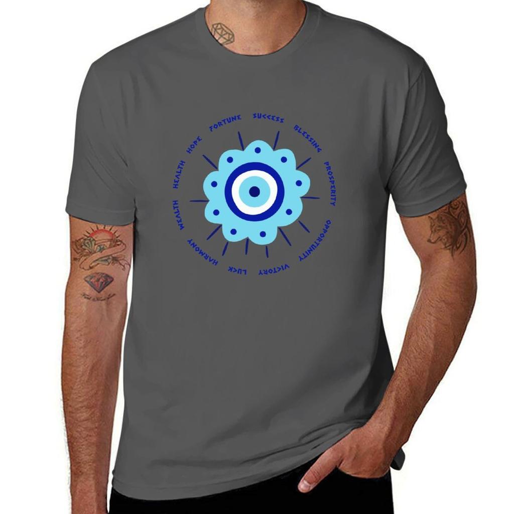 Greek Eye Flower Amulet With Positive Message Tshirt Casual Breathable Short Sleeve Top