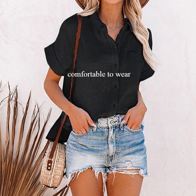 Plus Size Womens Summer Blouse Short Sleeve Button Up Shirt Turn Down Collar Solid Color Top with Pocket