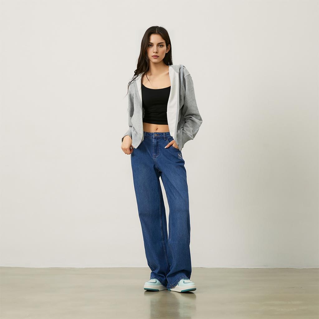 MLB Klassische Minimalistische Kette Bestickt Amerikanisches Logo Einfarbig Weites Bein Lange Jeans Damen Jeans Indigo 3FDPB1044-50INS