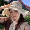 Sun Hat Windproof Large Brim Lace Trim Non-Slip Handmade Straw Hat with Straps Face Shaping Summer Beach