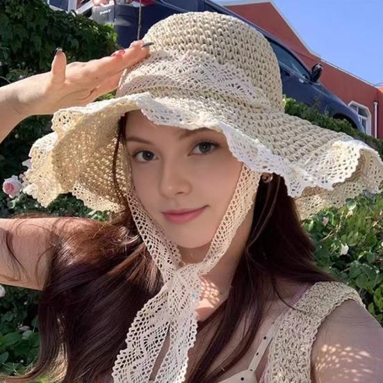 Sun Hat Windproof Large Brim Lace Trim Non-Slip Handmade Straw Hat with Straps Face Shaping Summer Beach