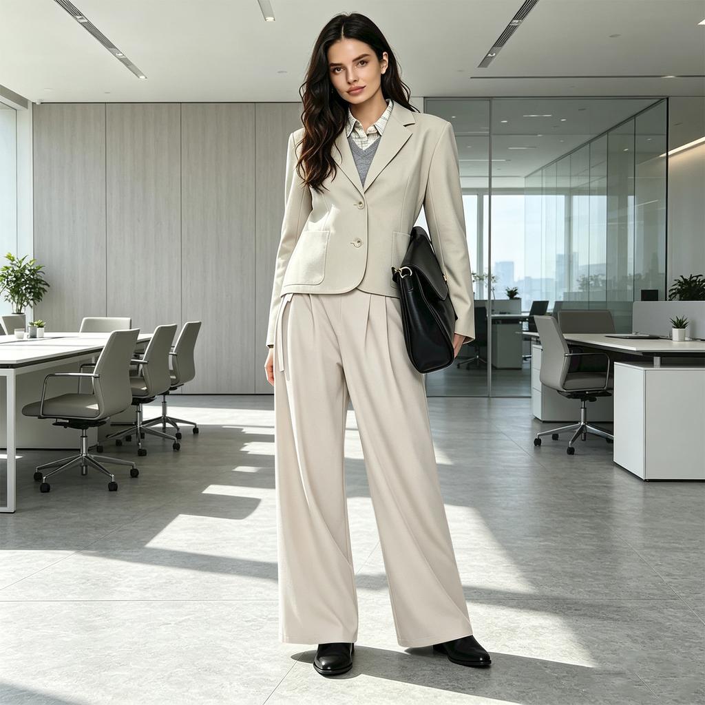 Women's Mid- Pleated Wide Leg Pants with Tie Waist, Loose Fit Casual Long Trousers for Daily Wear
