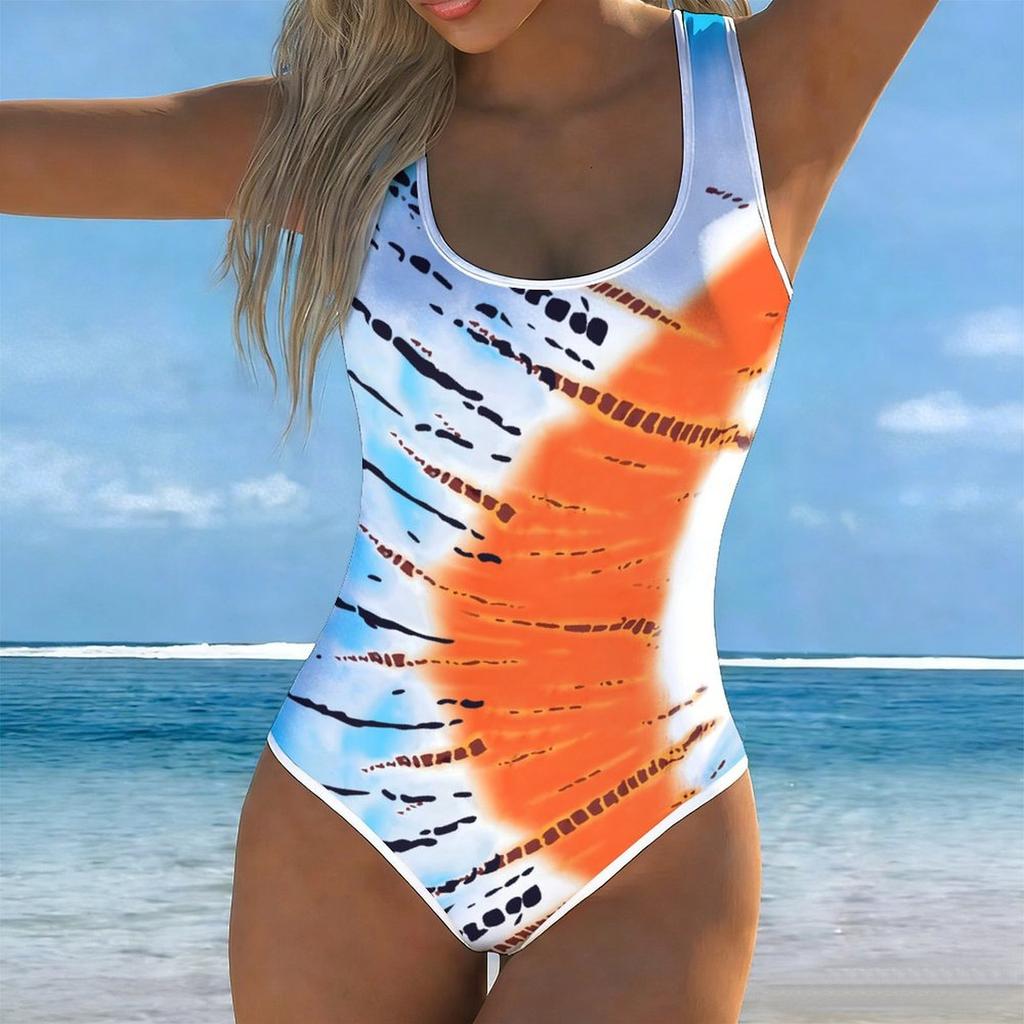 Costume da bagno intero estivo sexy con stampa a righe iridescenti sfumate, vestibilità aderente, scollo a U profondo sulla schiena, costume da bagno alla moda accattivante per spiaggia, piscina, vacanze