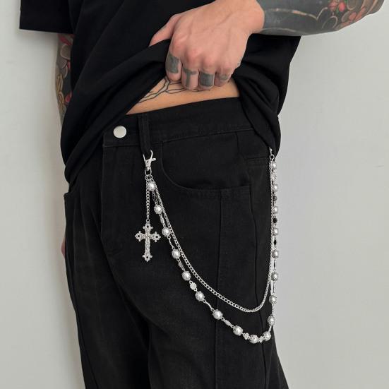 Pants Chain Faux Pearls Metal Flower Decor Wallet Chain Multi-layered