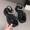 High-heeled sandals women's 2025 new summer bow fairy wind platform pearl one-word belt fashion Roman women's shoes