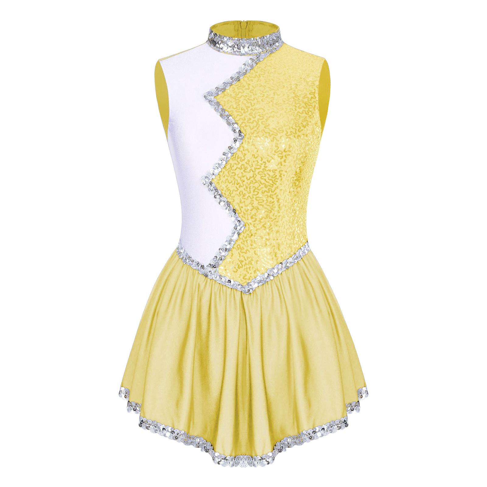 

Womens Figure Skating Dress Shiny Sequin Color Block Patchwork Sleeveless Performance Costume Ice Dancewear