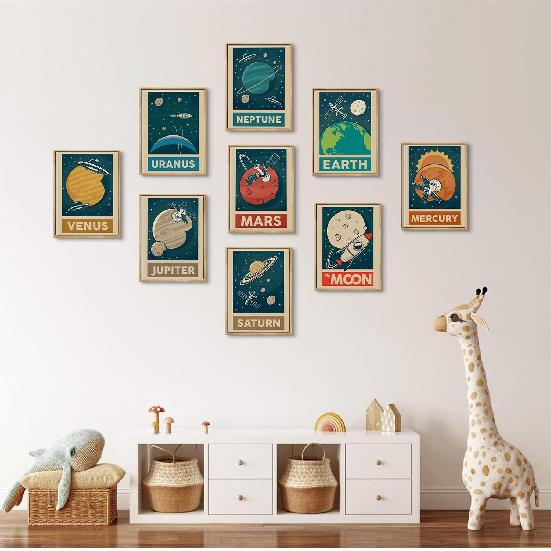 9pcs Retro Solar System Wall Art Nursery Space Pictures Retrospace Galaxy Wall Decor Outer Space Paintings Prints Sci-Fi Planet Posters for Boys