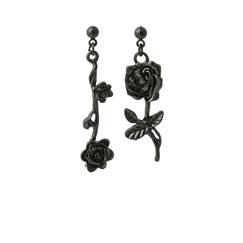 Dark Gun Black Asymmetrical Rose Stud Earrings Fashion Personality Earrings Sweet Cool Woman