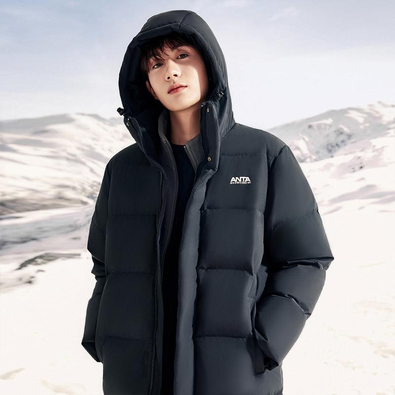 Anta Letter Zipper Hooded Long Snow Shell Down Jacket Men Outerwear Basic-Black 952348902-2