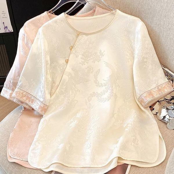 Jacquard Shirt Summer New Short-sleeved T-shirt Temperament Retro Shirt Embroidered Top Thin