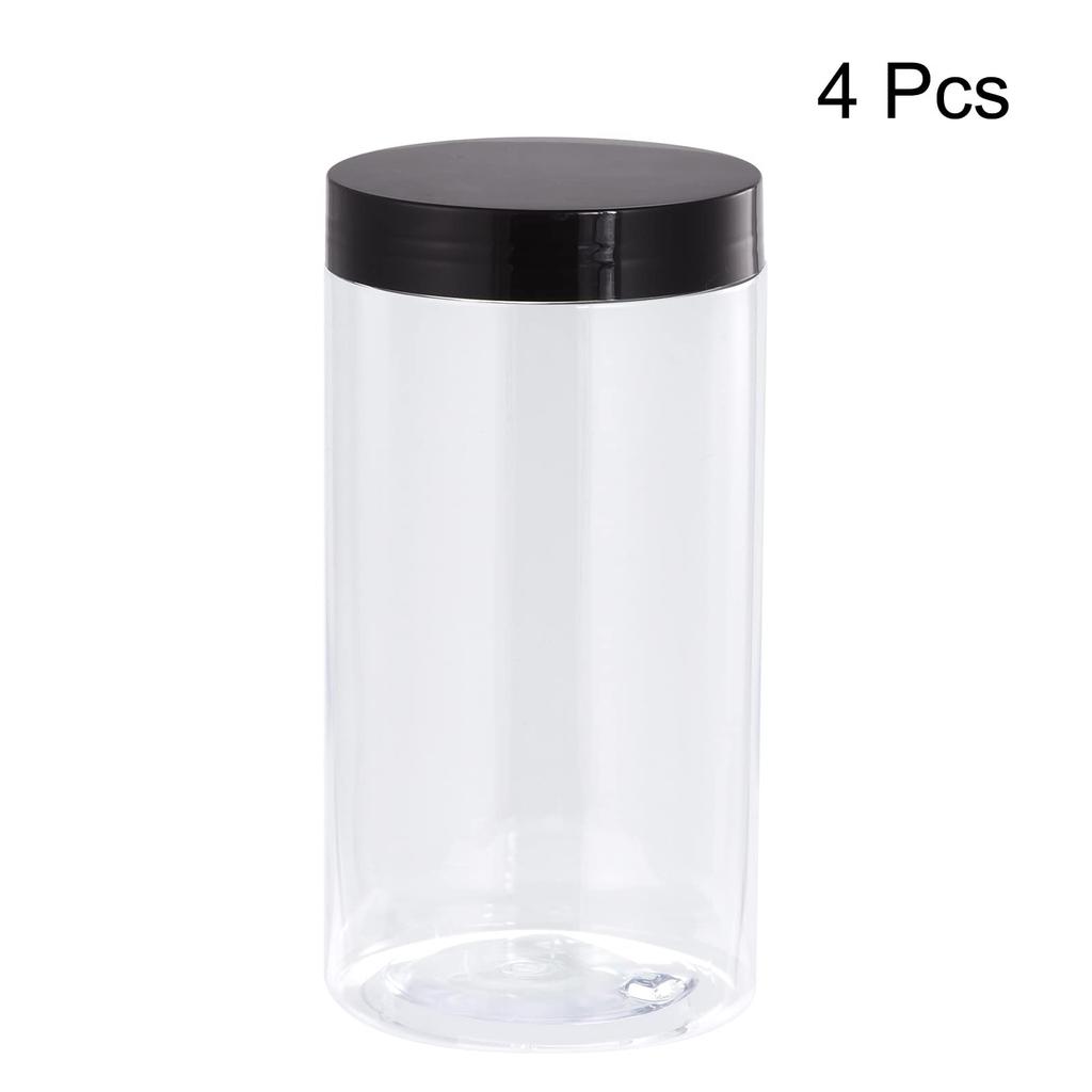 uxcell Round Plastic Jars with Black Screw Top Clear Empty Containers for Storage and Wide 4 Pieces Lid, Organization, Mouth, 1500ml,