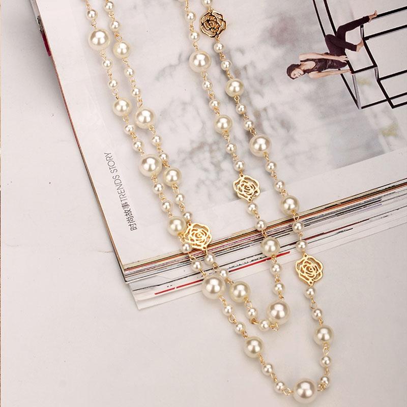 Famous Camellia Pearl Long Necklace For Women Double Layer Collane Lunghe Donna Rose Flower Sweater Chain Necklace
