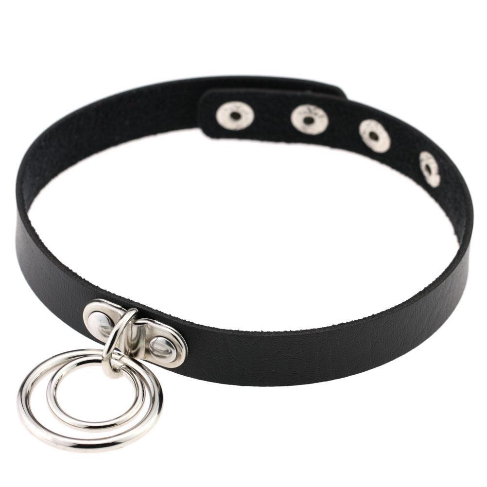 Europeisk og amerikansk punkstil lær dobbel ring choker halskjede
