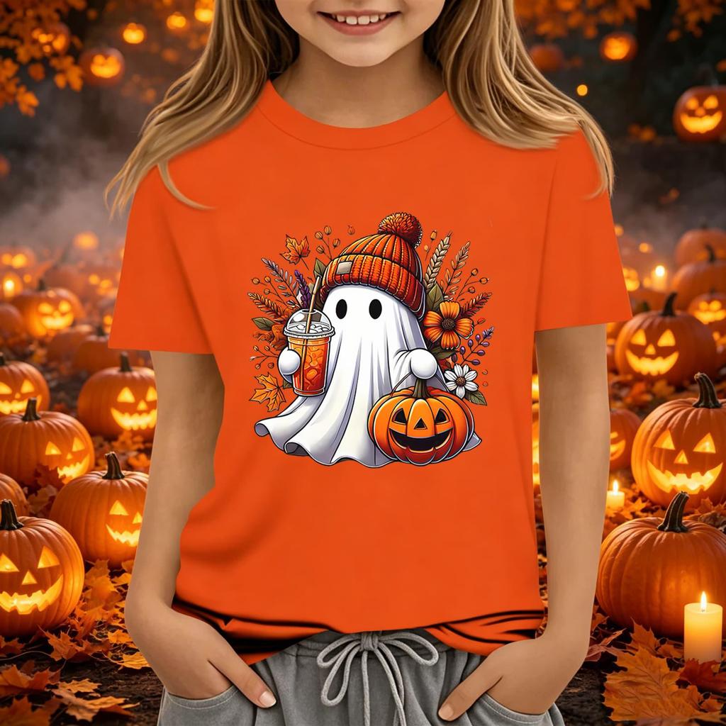Kids Halloween Printed Short Sleeve T-Shirt, Round Neck Loose Fit Top for Boys Girls Casual Wear