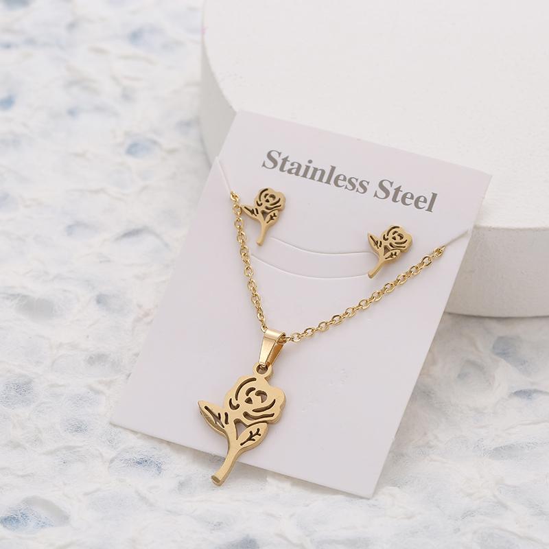 New Animal Flower Butterfly Stainless Steel Pendant Necklace Sets For Women Gold Color Chain Necklace Earrings Zircon Gifts