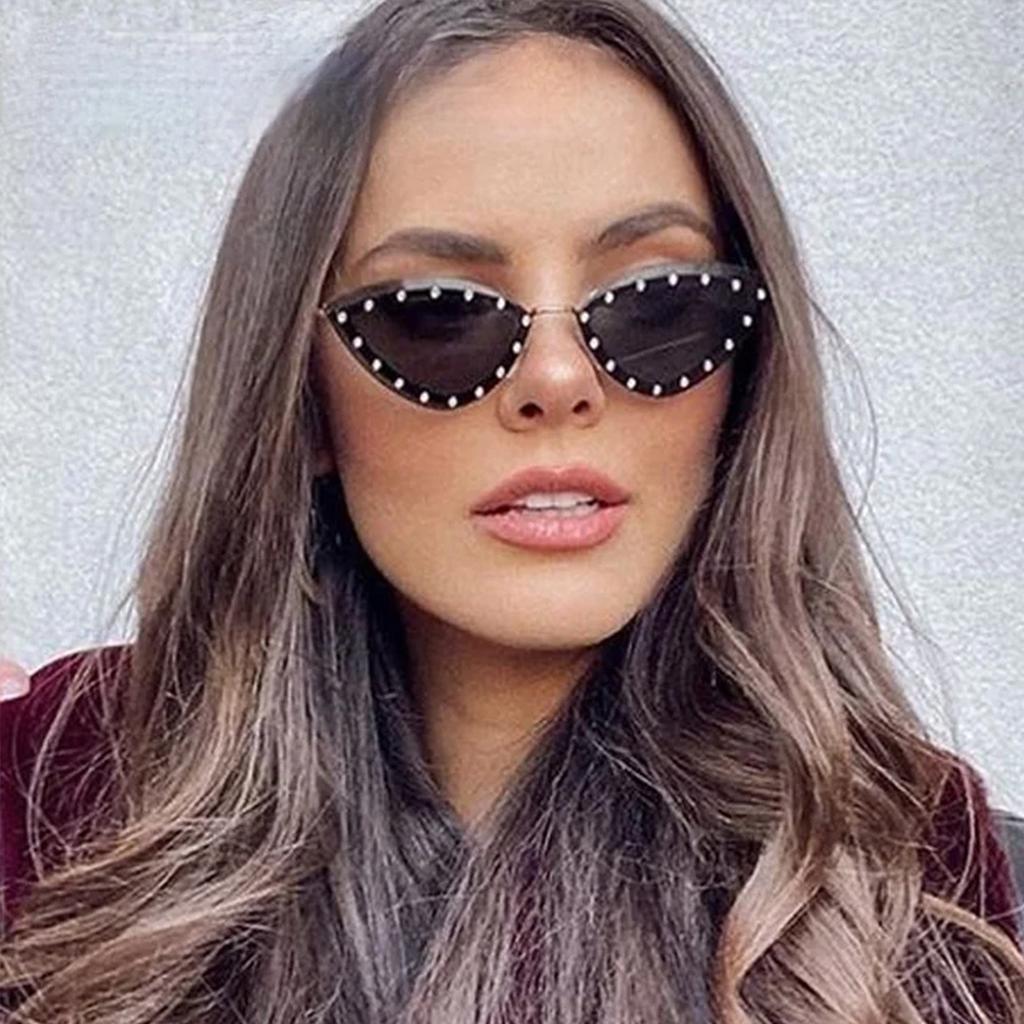  New Triangle Cat Eye Sunglasses Alloy Rimless Crystal Shiny Sun Glasses Female Unique Elegant Green Rhinestone Shades