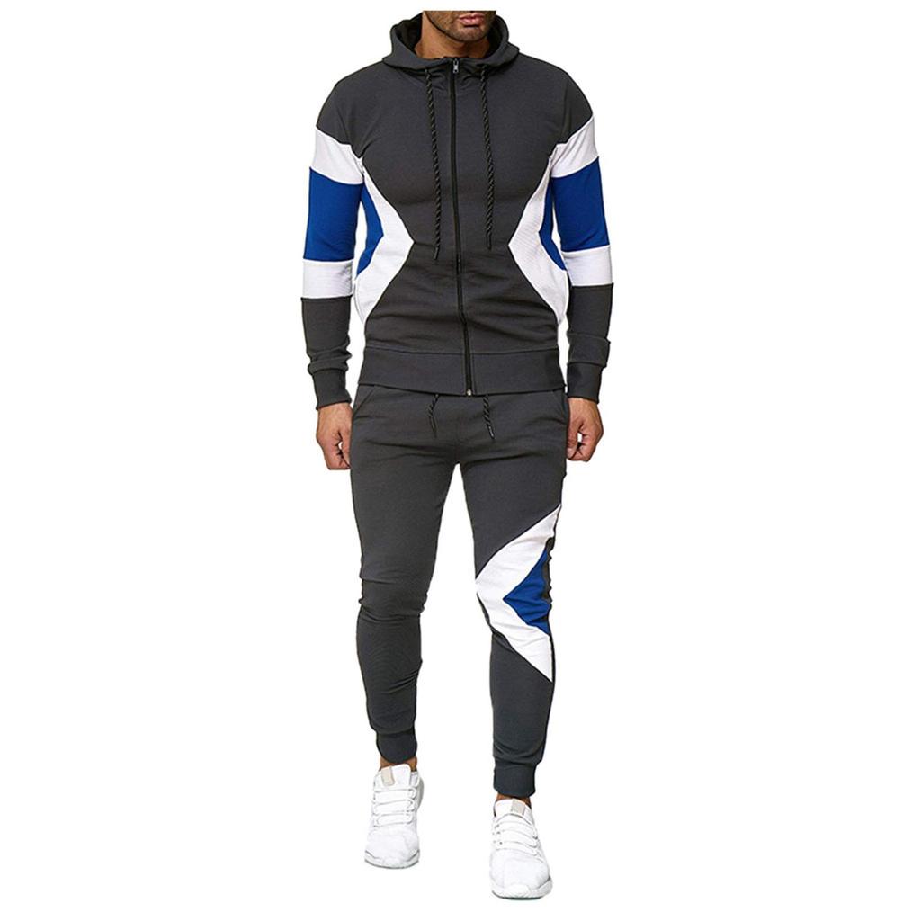 Men's Fashion Leisure Color Patchwork Sports Fitness Hoodies Pants Suit