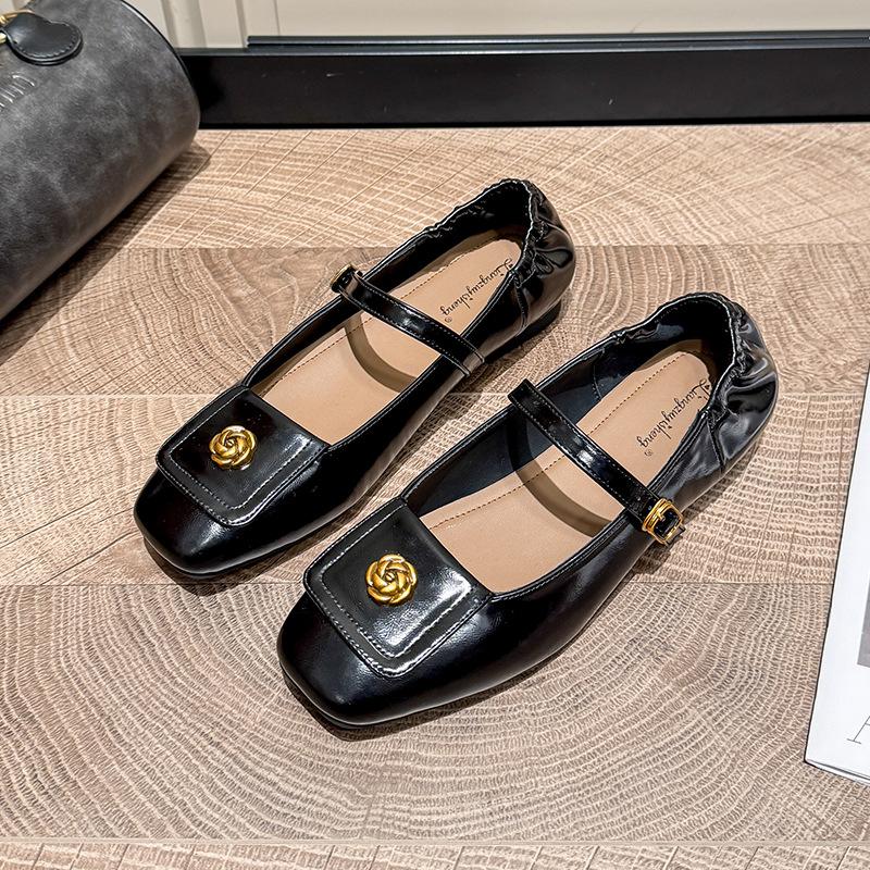 

Spring and summer new Mary Jane one-word with flat-soled single shoes square head soft-soled leather shoes 35 чёрный