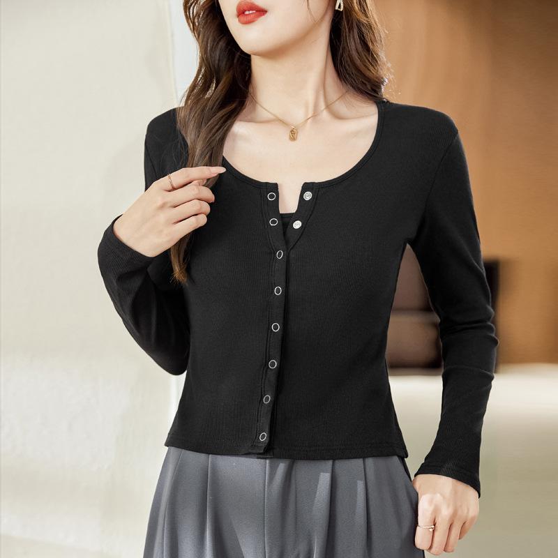 Früher Herbst Damen U-Ausschnitt Kleiner Cardigan Slim Einfach Dünn Kurzer Abschnitt Bottoming Langarm Top