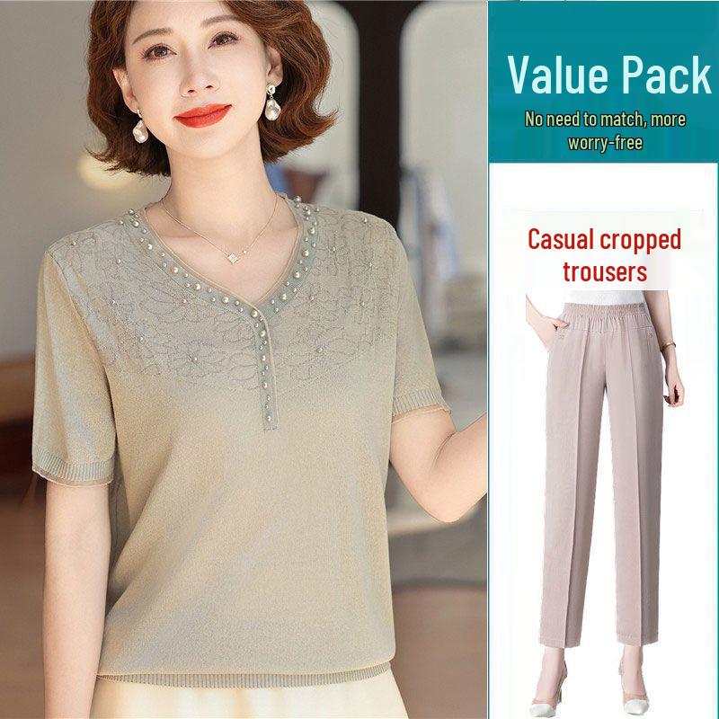 Mom's Summer Ice Silk V-Neck Short-Sleeve T-Shirt for Middle-Aged & Elderly Women - Loose Plus Size Top Set