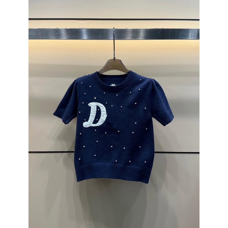 Di Jia 2026 Early Autumn Rhinestone Knit Short Sleeve Loose Women's Sweater