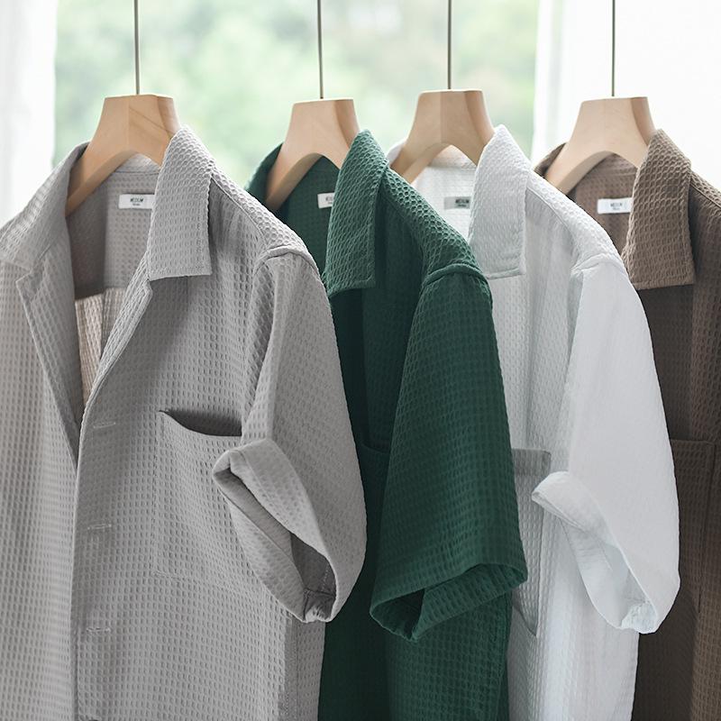 Men's Summer Waffle Short Sleeve Cuban Collar Shirt - Trendy, Comfortable, Versatile
