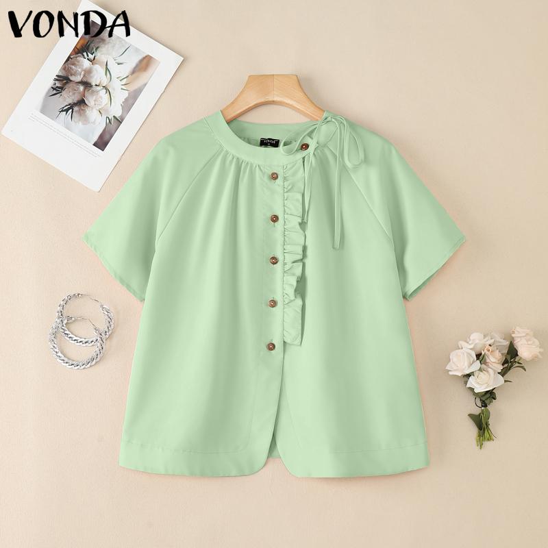 VONDA Women Short Sleeve Side Buttons Up Ruffled Solid Casual Blouse