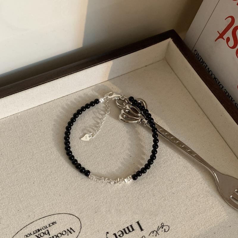 Korean Style Simple Black Beaded Bracelet Light Luxury Niche Design Versatile Handmade Silver Gravel Bracelet