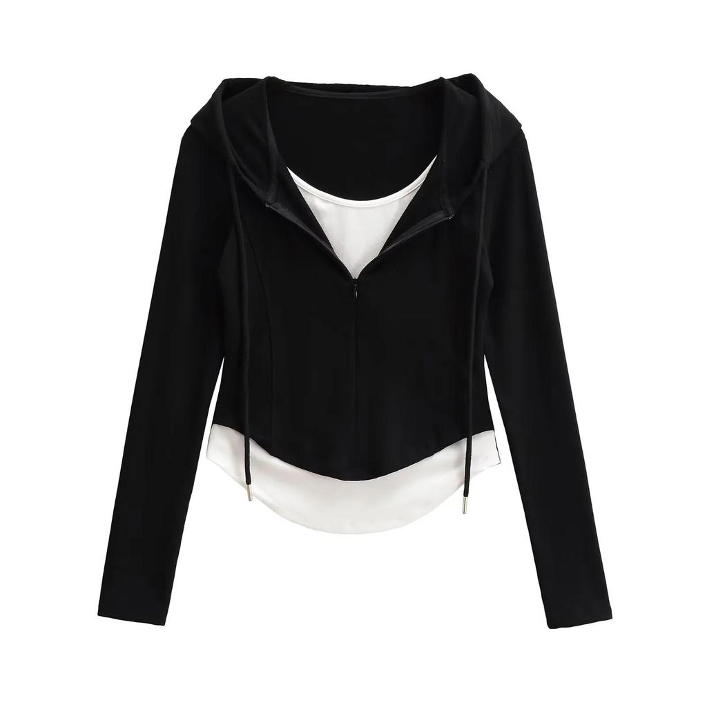 Women's Spicy Girl Faux Two-Piece Slimming Long-Sleeve Half-Zip Cropped Hoodie