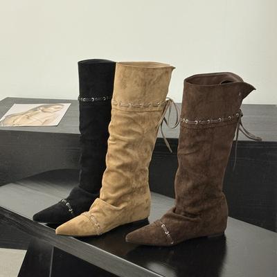Inner Height Increase New Niche Lace-up Fashion Boots Korean Version Suede Tall Tube Two Wear Spice Girl Western Cowboy Boots