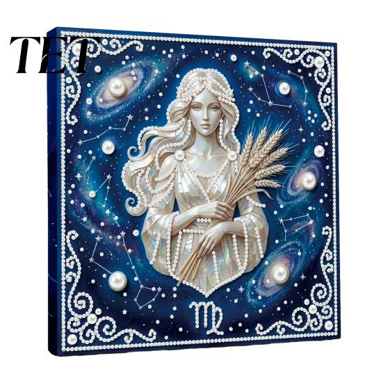 Adults Faux Pearl Painting Kit DIY Kit, 12 Constellation Rhinestone Art Set for Beginners Beginners, Handmade Wooden Frame Fake Wall Decoration