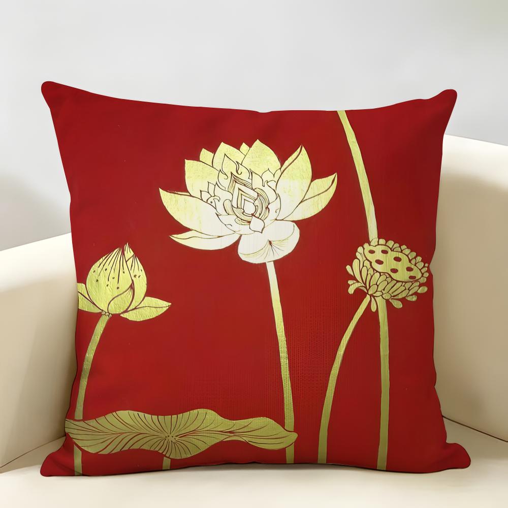 Simpl Pretty Golden Lotus Cushion Cover Durable Hypoallergenic Organic Linen Pillow Cover Short Size Washable Skin-Friendly