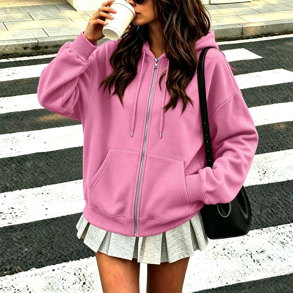 Women's Hooded Zip-Up Jacket Loose Fit Long Sleeve Color for Casual Daily Wear