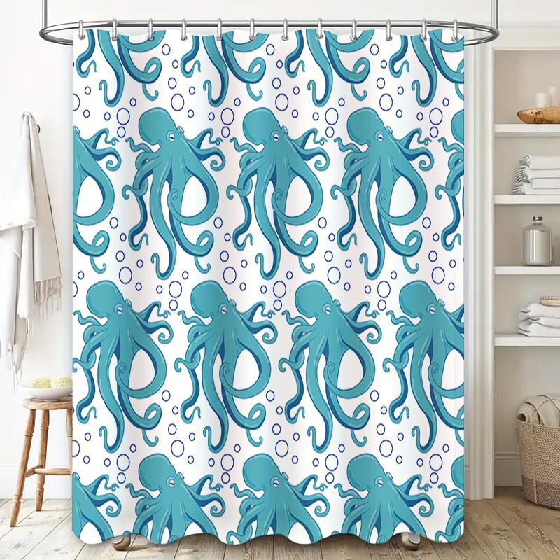 Ocean Blue Octopus Shower Curtain Waterproof Fabric Rectangular Pattern Home Decor Bathroom Accessory Large Size (216x183cm)