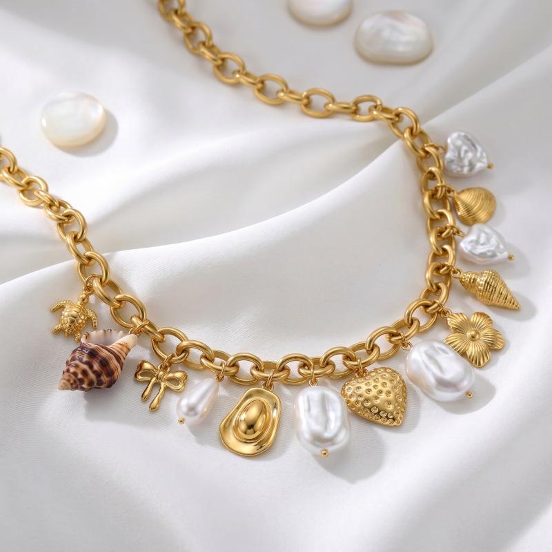 Accessories New European and American Stainless Steel Bow Love Turtle Conch Pendant Necklace Pearl Clavicle Chain