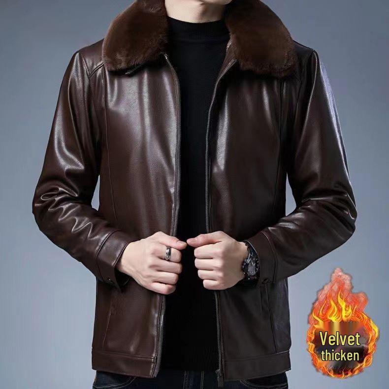 

Men s Fleece-Lined PU Leather Jacket for Autumn/Winter – Middle-Aged & Elderly Style XL Recommended 130-150 lbs
