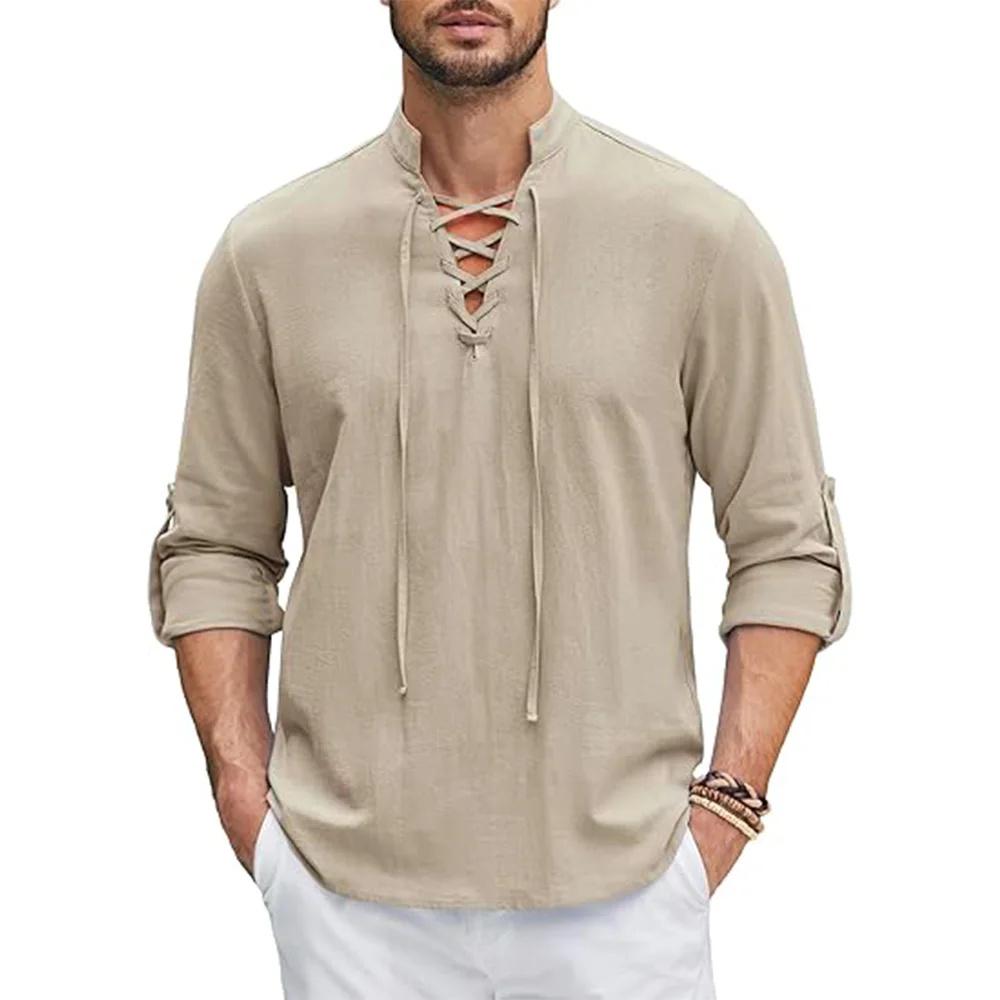 Men's Renaissance Shirt Pirate Medieval Viking Top Cotton Linen Shirts Men Long Sleeved Halloween Costume