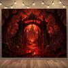 2D Flat Design, 1 Piece. Gothic-style "Welcome To the Gate of Hell" Banner with Blood-red Sky and Skull Patterns.