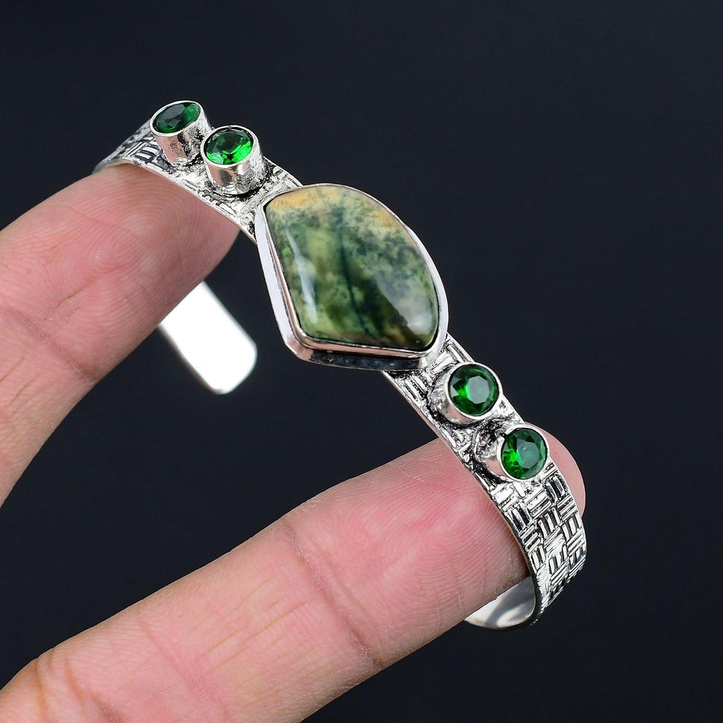 Natural Australian Chrome Chalcedony Bangle Adjustable 925 Silver For Women