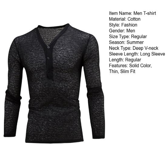 Deep V-neck Men T-shirt Long Sleeve Thin Elastic Quick Drying Summer Solid Color Slim Fit Tee Top Streetwear