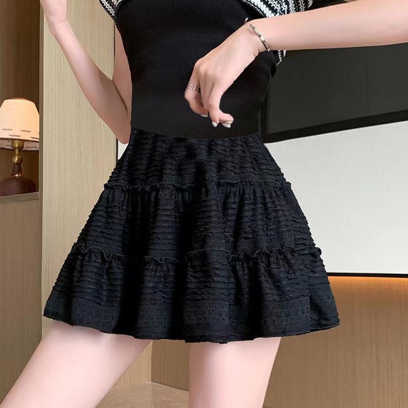 

New a-word skirt women s spring and summer high waist pleated lace gauze skirt design sense niche cake skirt XXL чорний