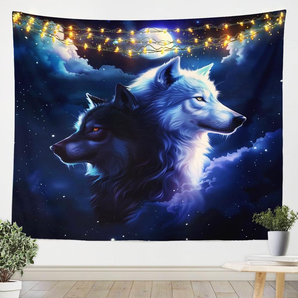 Wilder Wolf Kinder Wandteppich Sonne Mond Traumfänger Boho Wandteppiche Jungen Mädchen Zimmer Deko Wildtier Jagd Abenteuer Rustikal