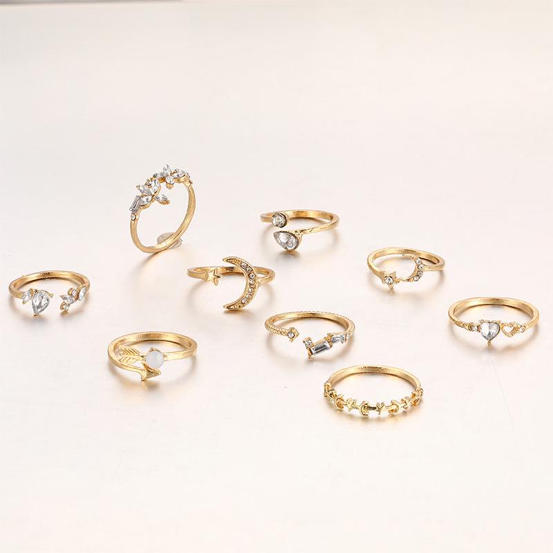 Ensemble de 9 bagues européennes et américaines pour femmes, motif amour, papillon, étoile, lune et diamant