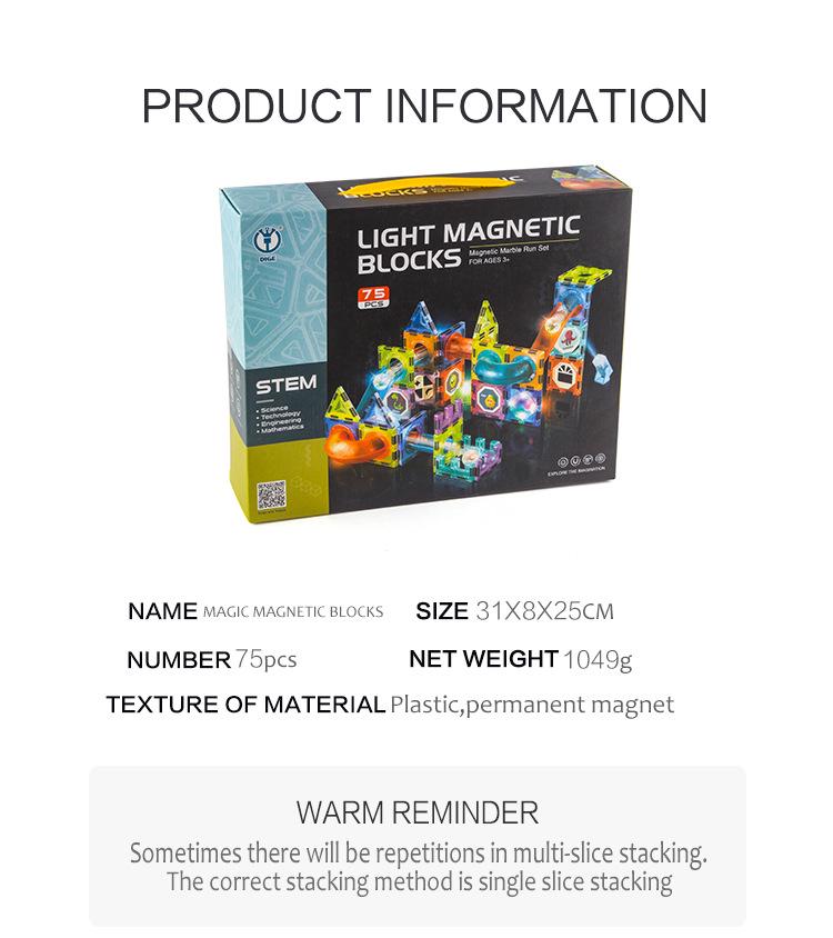 75-Piece Light-Up Magnetic Building Block Toy Set with Ball Bearings