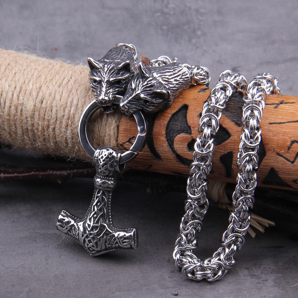 Stainless Steel Wolf Head Thor Hammer Mjolnir Viking Necklace Handmade Chain with Wooden Box Gift for Boyfriend