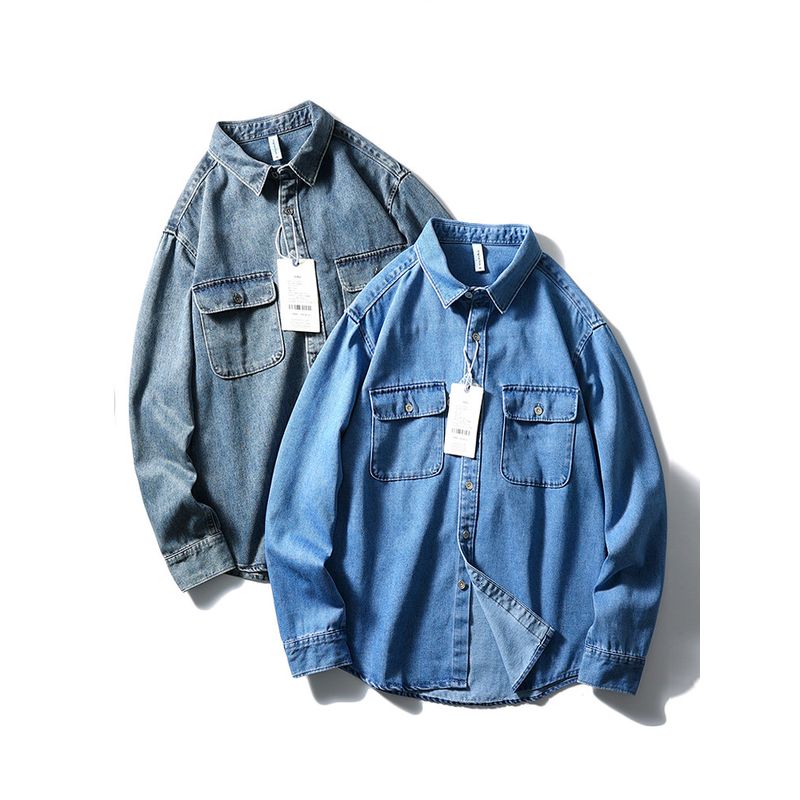 Blue Washed Retro Denim Shirt Jacket Men Long Sleeves 2024 Autumn New Arrival Export Men's Wear Workwear Shirt