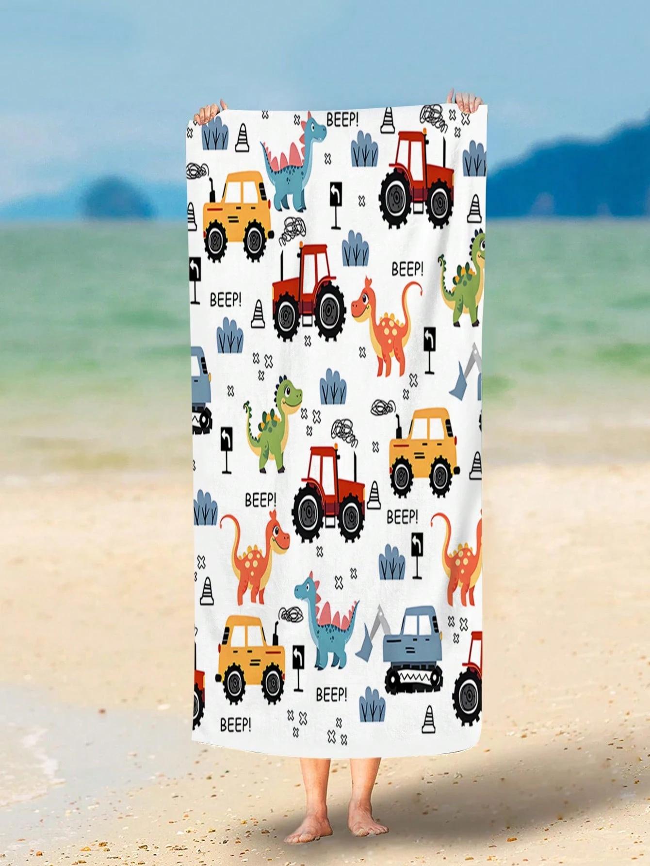 

1PC Beach Towel Cartoon Dinosaur And Tractor Collision Beach Towel With Digital Printing W40*H60(CM)