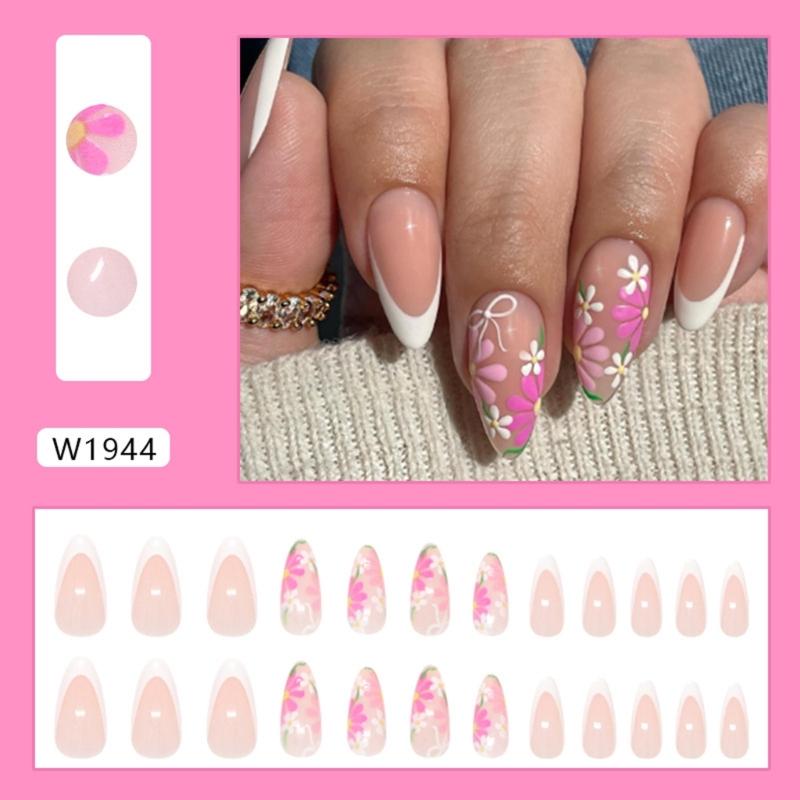 24Pcs Almond Press On Nail Flower French Fake Nail Acrylic False Nail,Artificial Nail Glues On Nail for Womens Girls