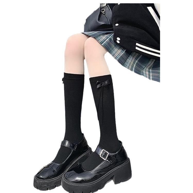 White Jk Bow Calf Socks Niche Women Polyester Cotton Medium Long Tube Spring And Autumn Knee Half Leg Socks High Tube